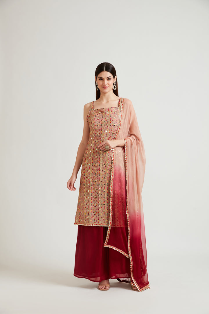 Neerus Women Peach-Coloured Kurta and Palazzos With Dupatta