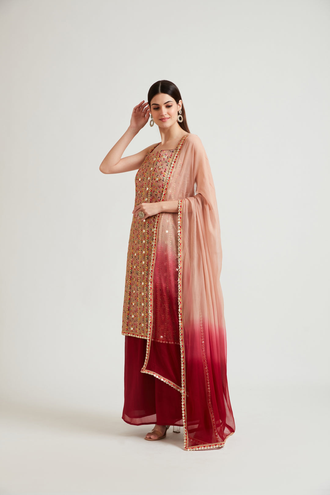Neerus Women Peach-Coloured Kurta and Palazzos With Dupatta
