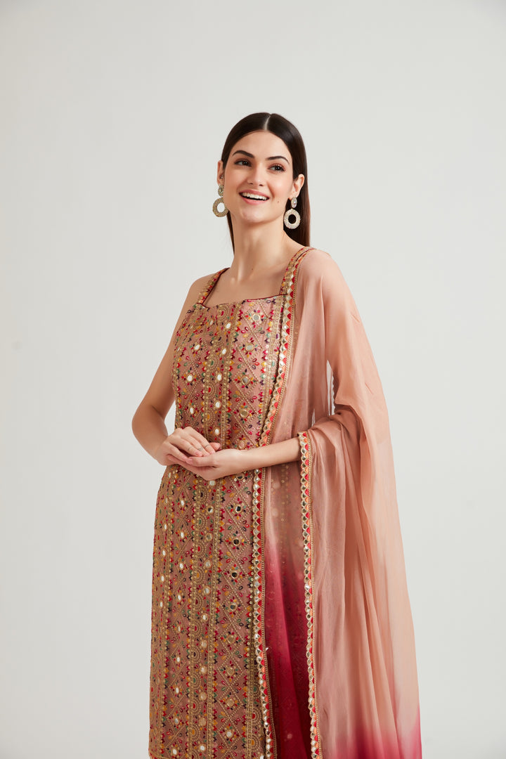Neerus Women Peach-Coloured Kurta and Palazzos With Dupatta