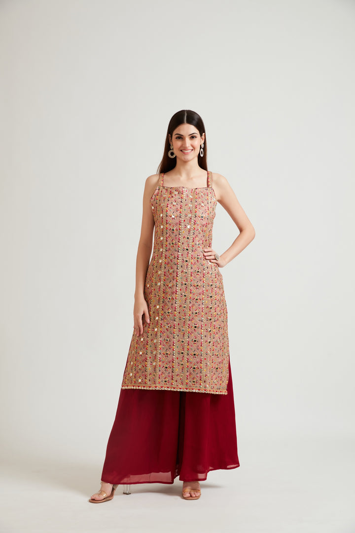 Neerus Women Peach-Coloured Kurta and Palazzos With Dupatta