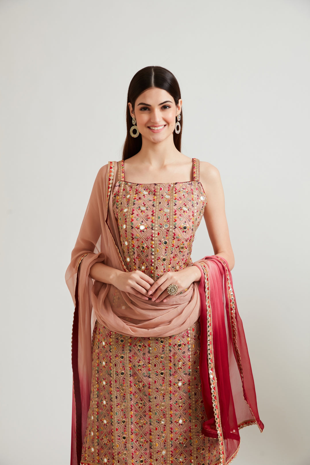 Neerus Women Peach-Coloured Kurta and Palazzos With Dupatta