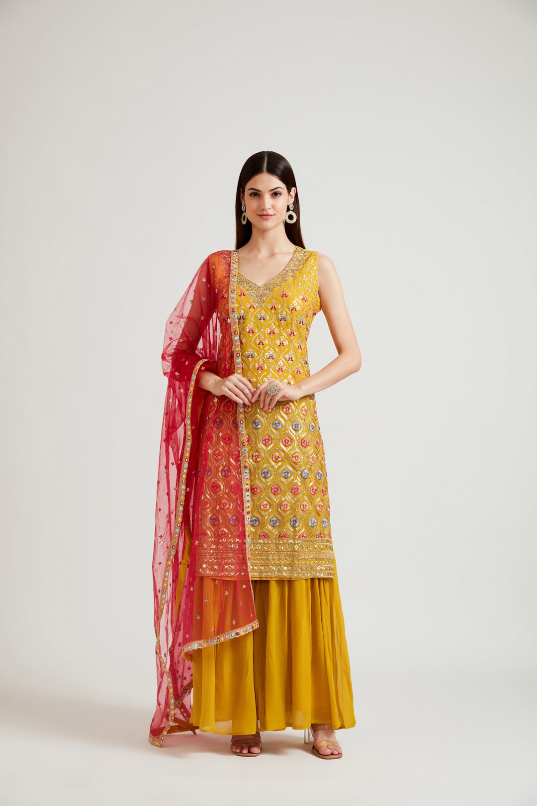 Neerus Yellow Georgette Sharara Set with Dupatta - front view