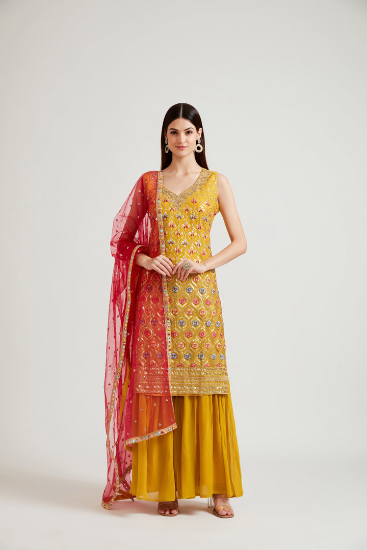 Neerus Yellow Georgette Sharara Set with Dupatta - front view