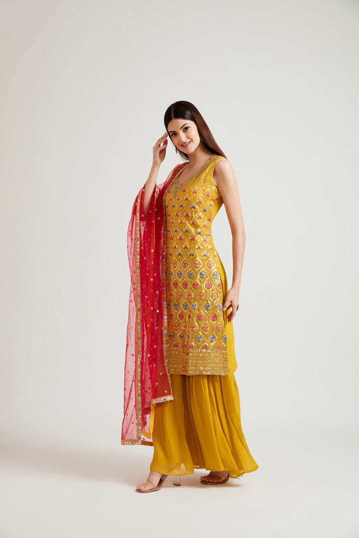 Neerus Yellow Georgette Sharara Set with Dupatta - back view