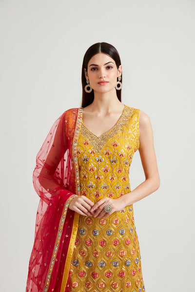 Neeru's Mustard Color Georgette Fabric Kurta Sharara With Dupatta