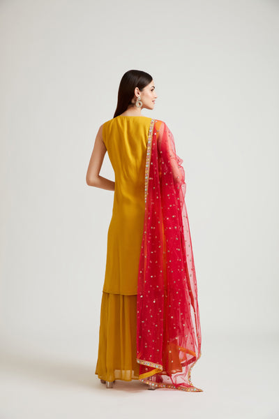 Neeru's Mustard Color Georgette Fabric Kurta Sharara With Dupatta