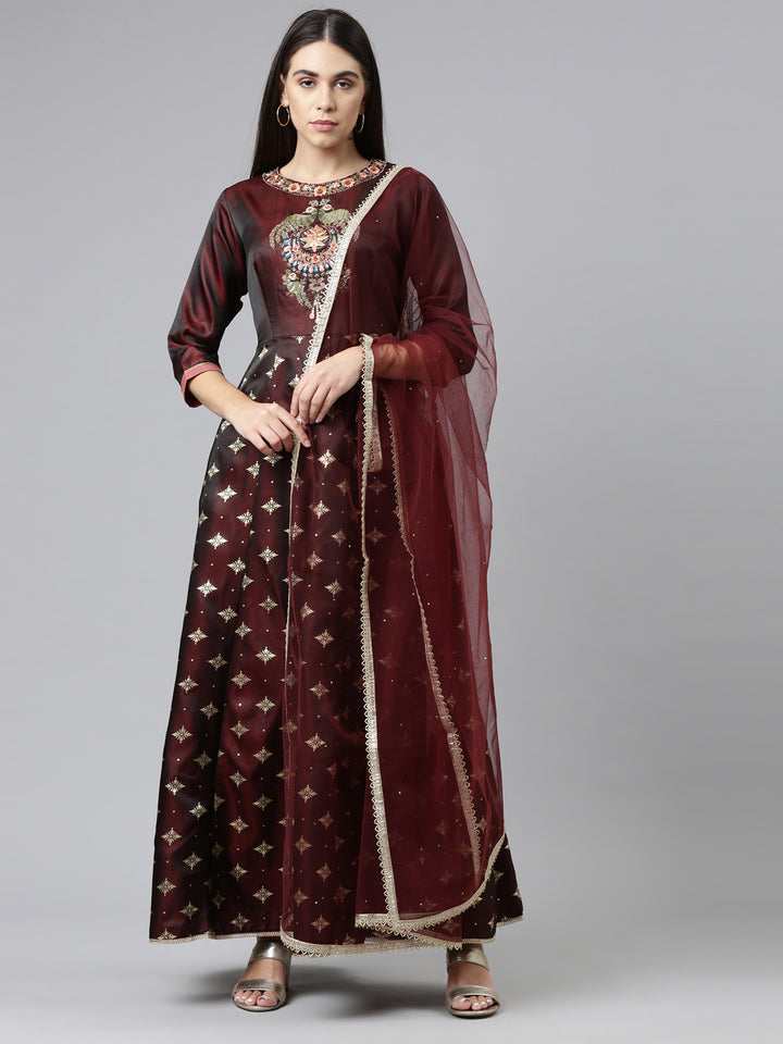 Neerus Brown Ethnic Motifs Embroidered Ethnic Maxi Dress with Dupatta