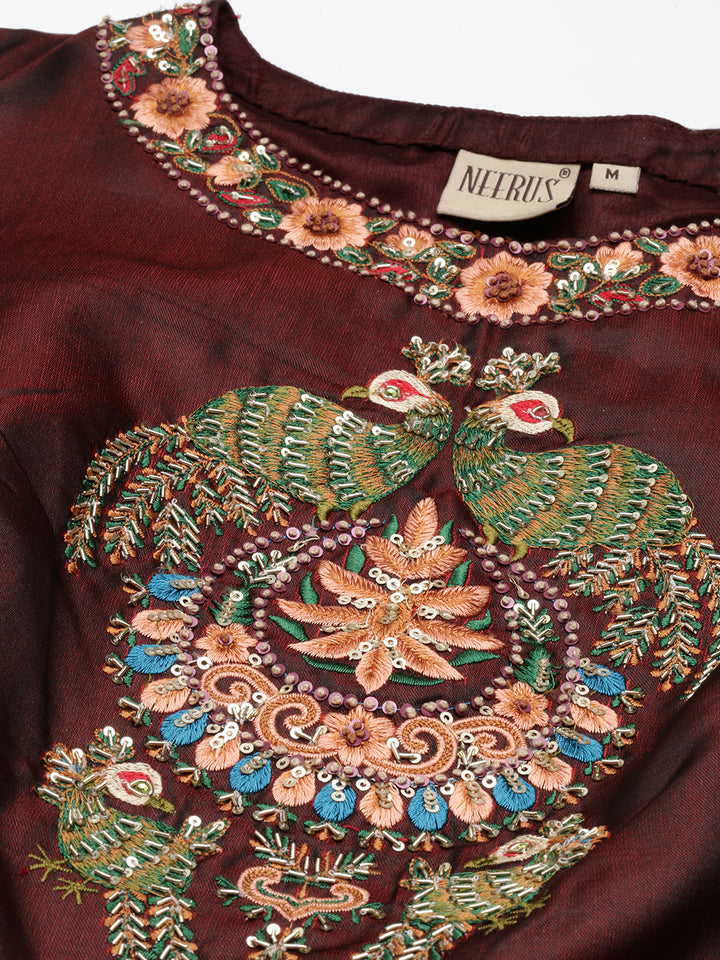 Neerus Brown Ethnic Motifs Embroidered Ethnic Maxi Dress with Dupatta