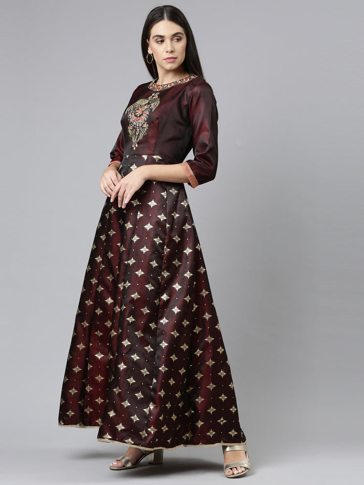 Neerus Brown Ethnic Motifs Embroidered Ethnic Maxi Dress with Dupatta