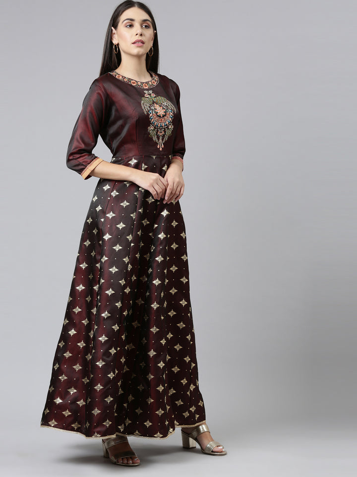 Neerus Brown Ethnic Motifs Embroidered Ethnic Maxi Dress with Dupatta