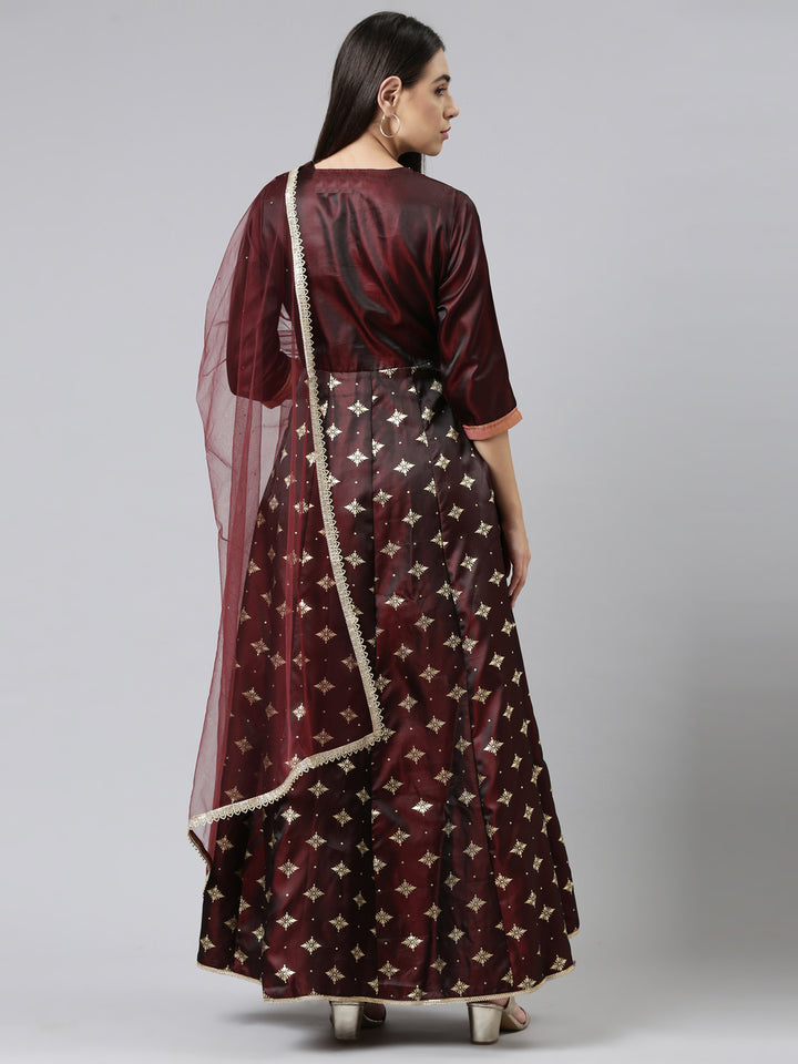 Neerus Brown Ethnic Motifs Embroidered Ethnic Maxi Dress with Dupatta