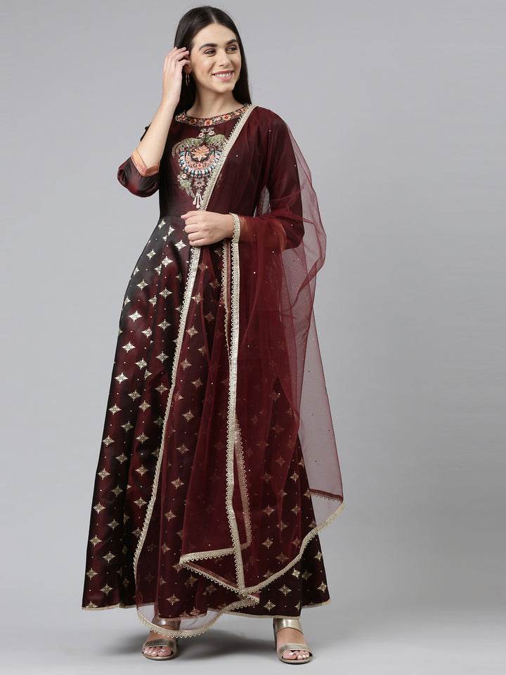 Neerus Brown Ethnic Motifs Embroidered Ethnic Maxi Dress with Dupatta