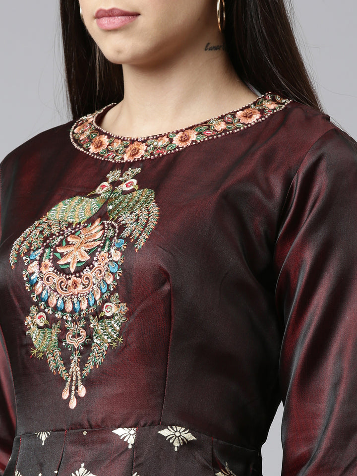 Neerus Brown Ethnic Motifs Embroidered Ethnic Maxi Dress with Dupatta