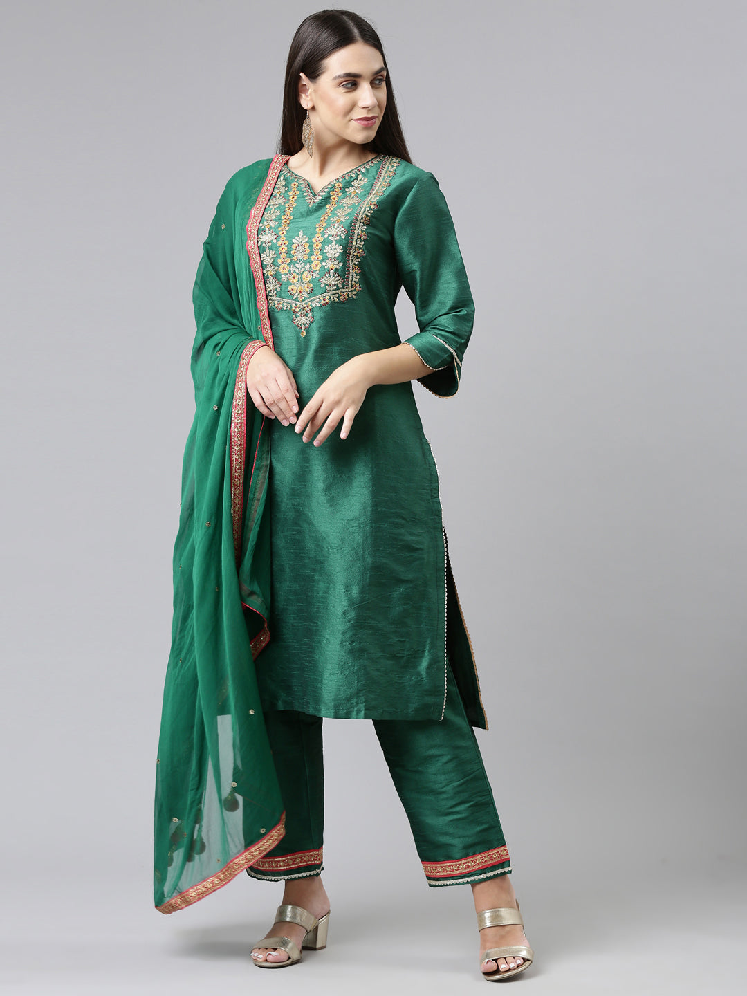 Neerus Women Green Embroidered Aari Work Kurta with Trousers  With Dupatta