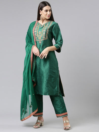 Neerus Women Green Embroidered Aari Work Kurta with Trousers  With Dupatta