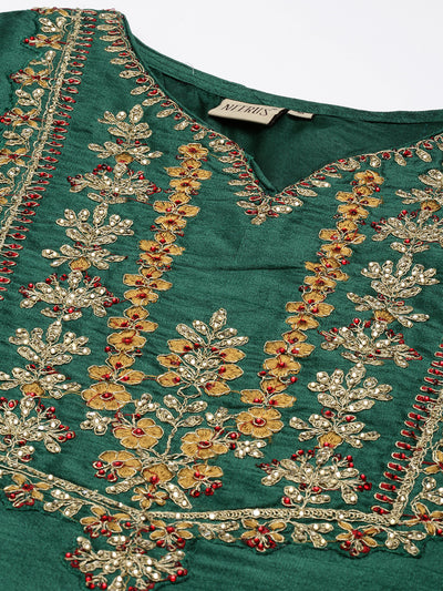 Neerus Women Green Embroidered Aari Work Kurta with Trousers  With Dupatta
