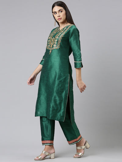 Neerus Women Green Embroidered Aari Work Kurta with Trousers  With Dupatta