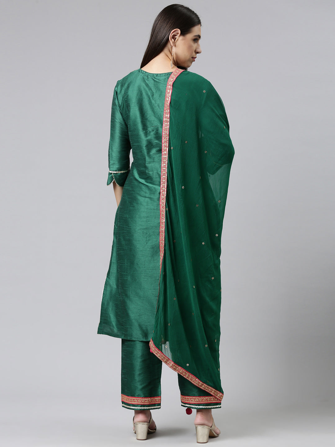 Neerus Women Green Embroidered Aari Work Kurta with Trousers  With Dupatta