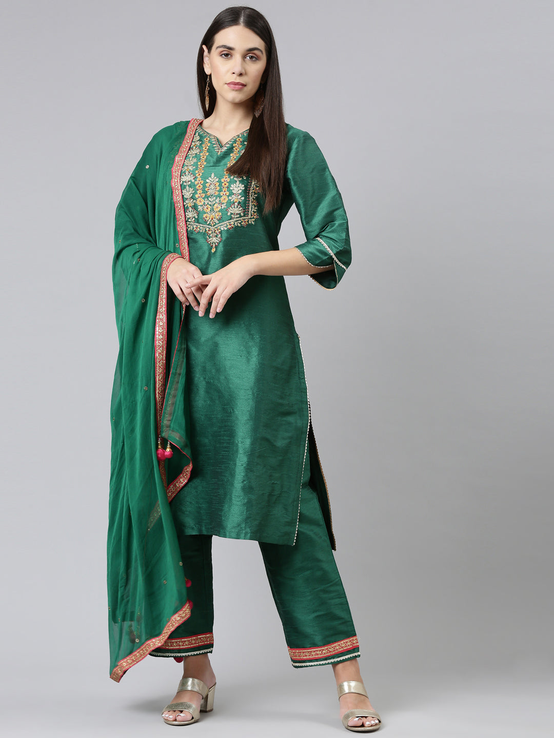 Neerus Women Green Embroidered Aari Work Kurta with Trousers  With Dupatta