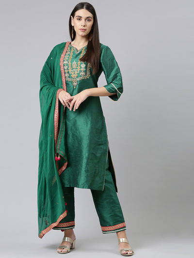 Neerus Women Green Embroidered Aari Work Kurta with Trousers  With Dupatta