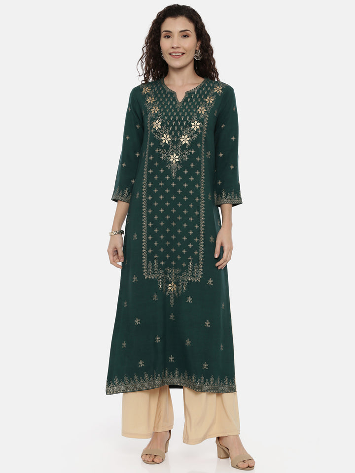 Neerus Green rayon thread embroidered kurti - front view