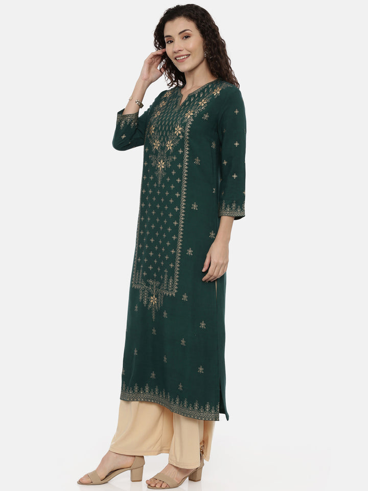 Neerus Green rayon thread embroidered kurti - back view