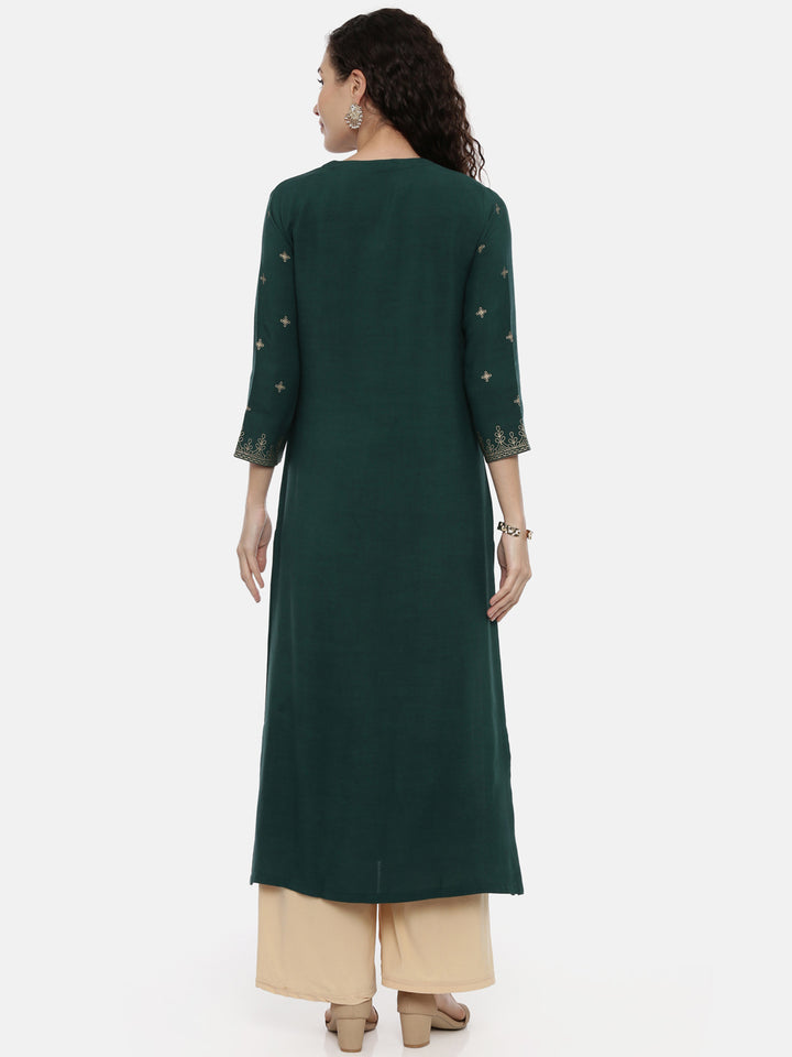 Neerus Green rayon thread embroidered kurti - side view