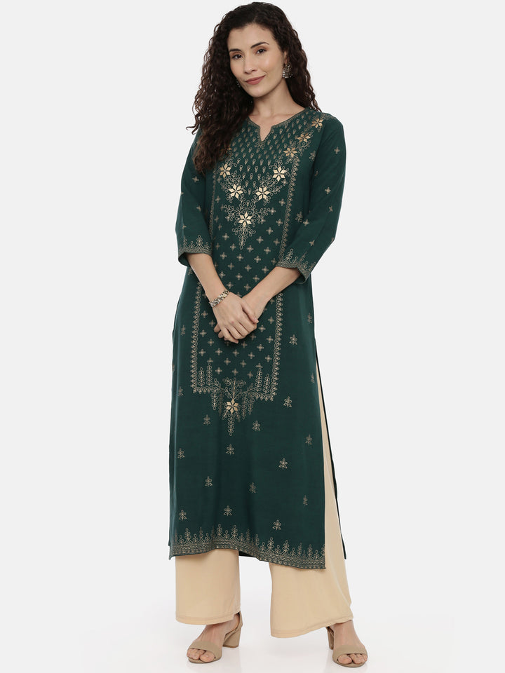 Neerus Green rayon thread embroidered kurti - detail view 2