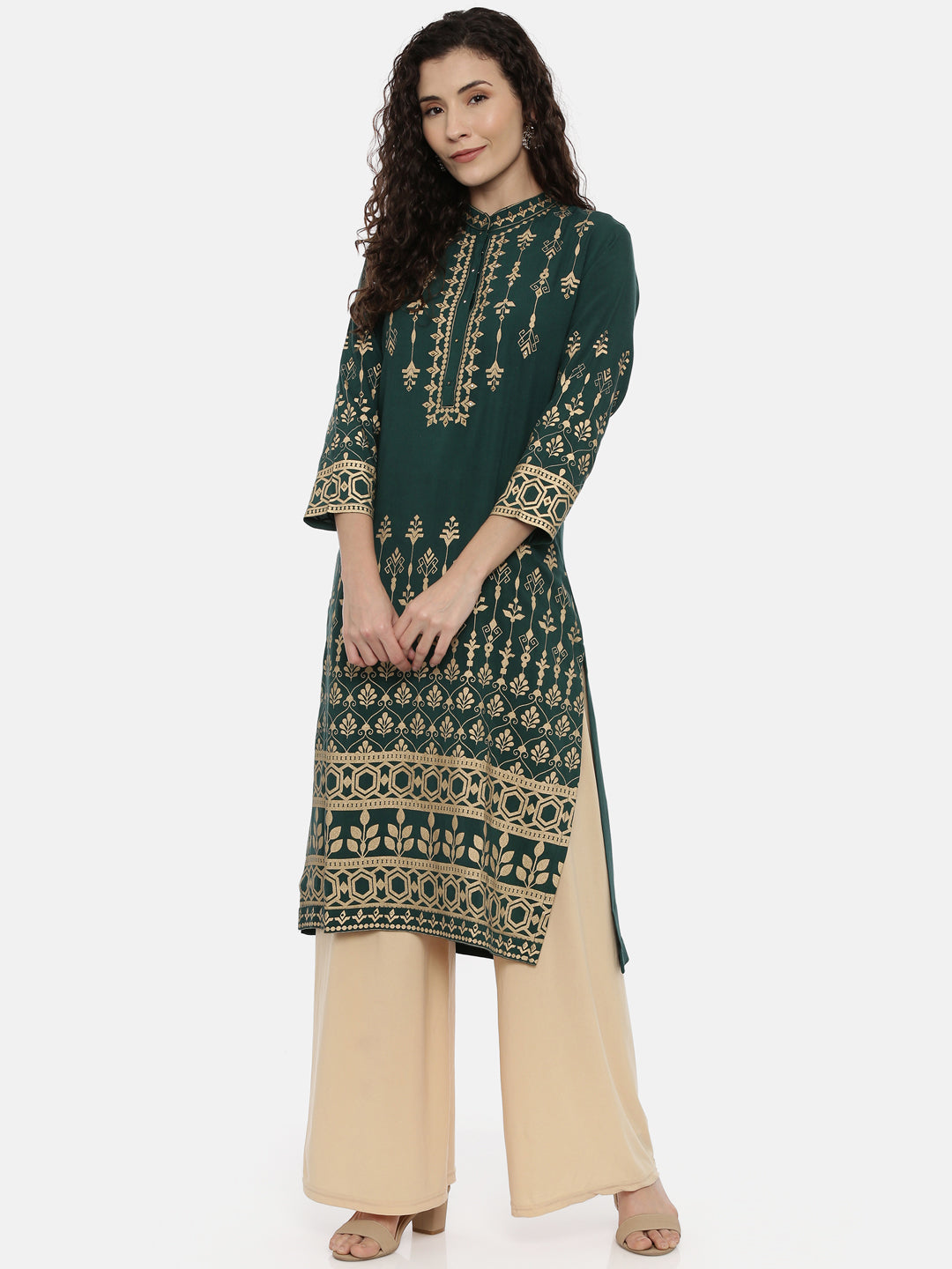 Neerus Green rayon printed kurti - front view
