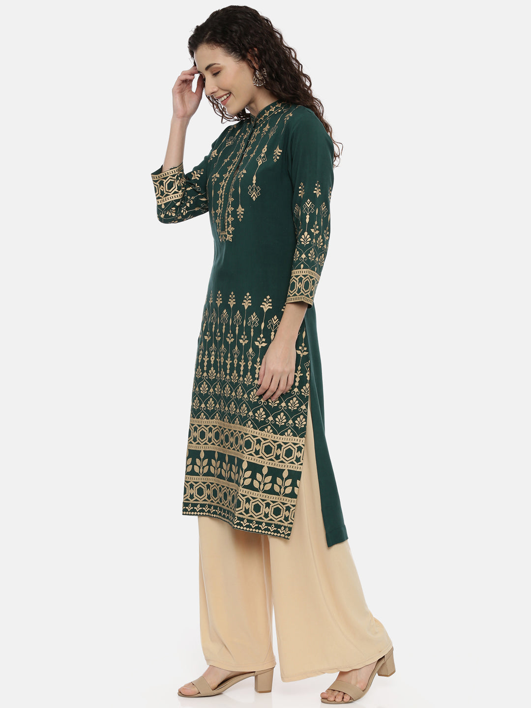 Neerus Green rayon printed kurti - side view