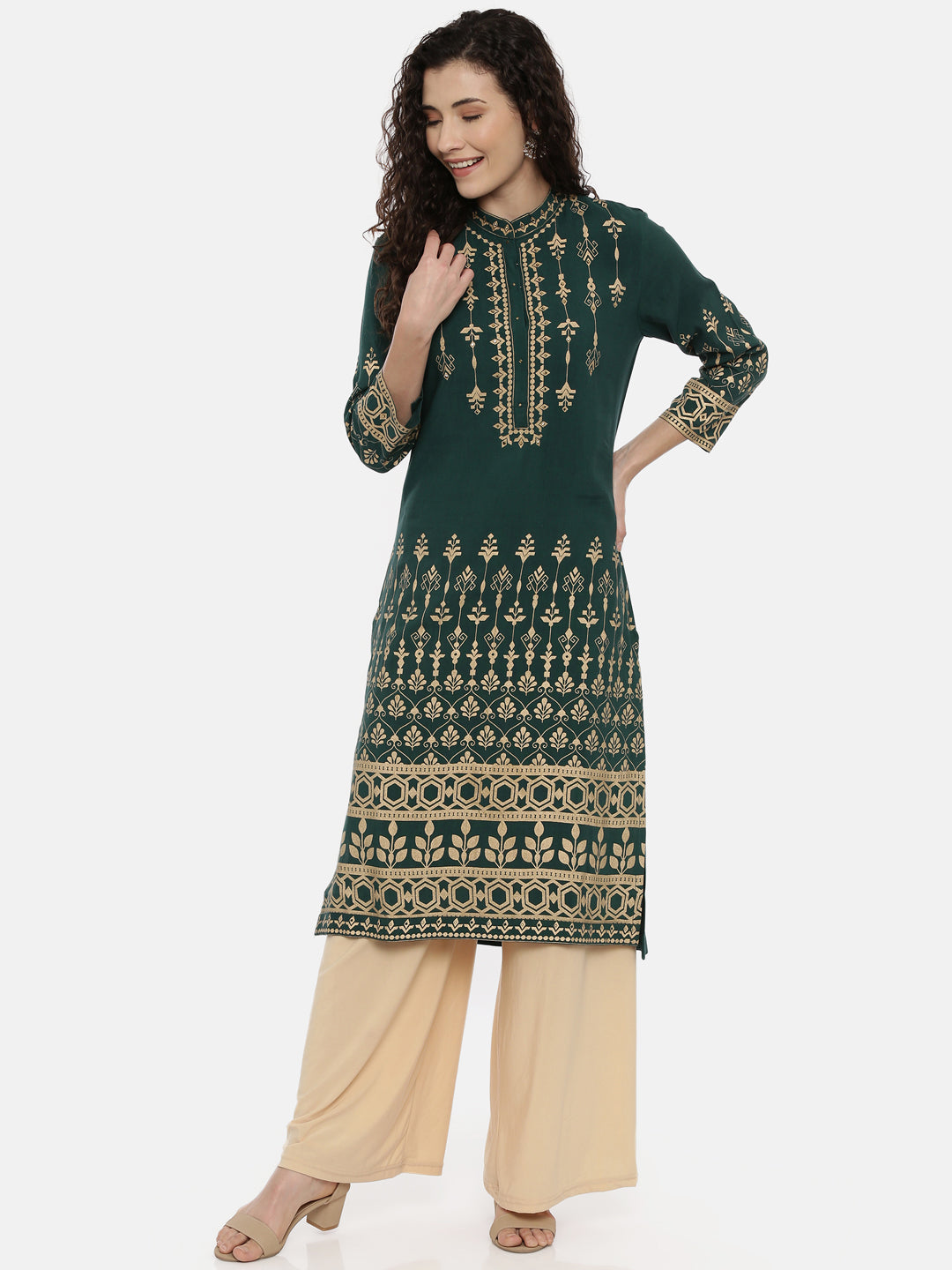 Neerus Green rayon printed kurti - detail view 2
