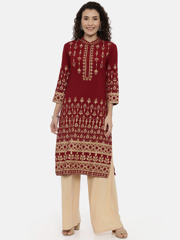 Neerus Maroon Color Rayon Fabric Printed Kurta