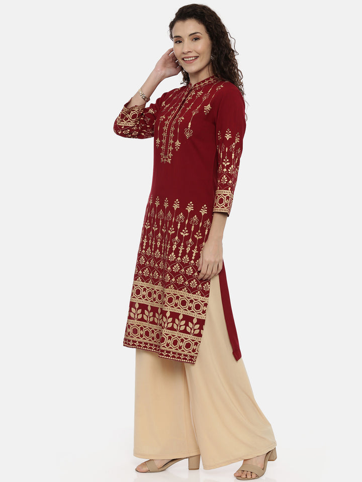 Neerus Maroon Color Rayon Fabric Printed Kurta