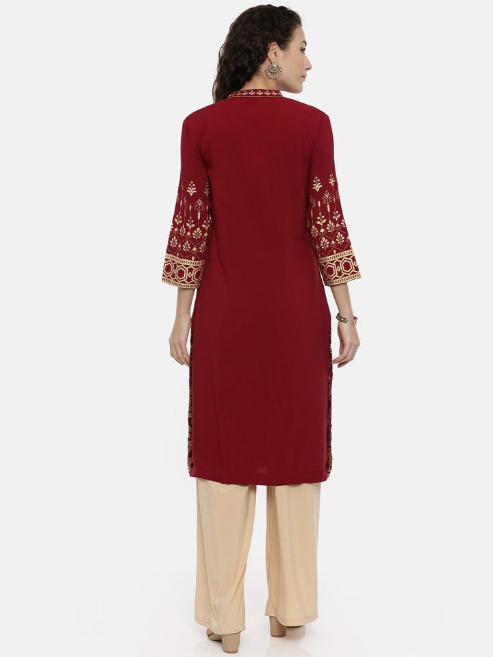 Neerus Maroon Color Rayon Fabric Printed Kurta