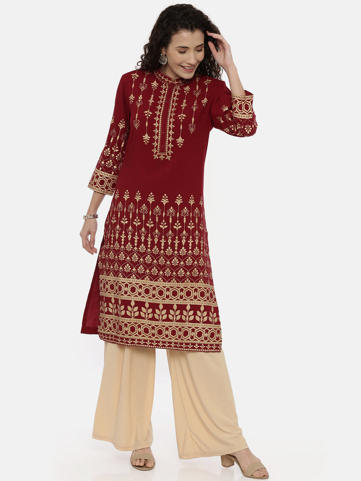 Neerus Maroon Color Rayon Fabric Printed Kurta