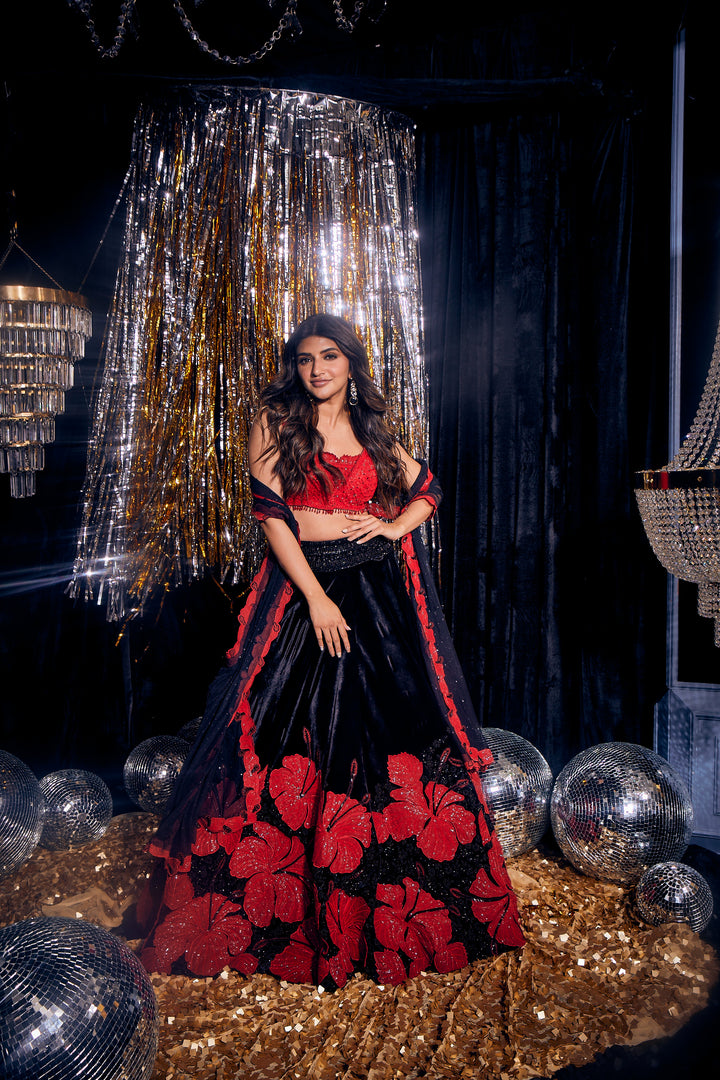 Neerus Black floral embroidered lehenga set - side view