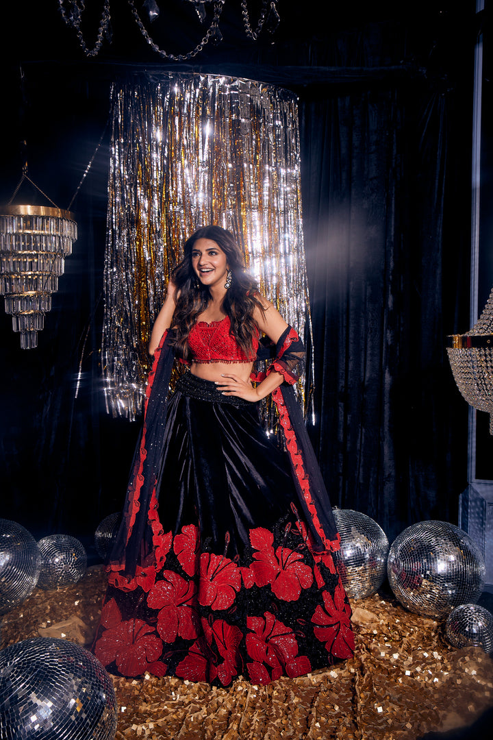 Neerus Black floral embroidered lehenga set - detail view 1