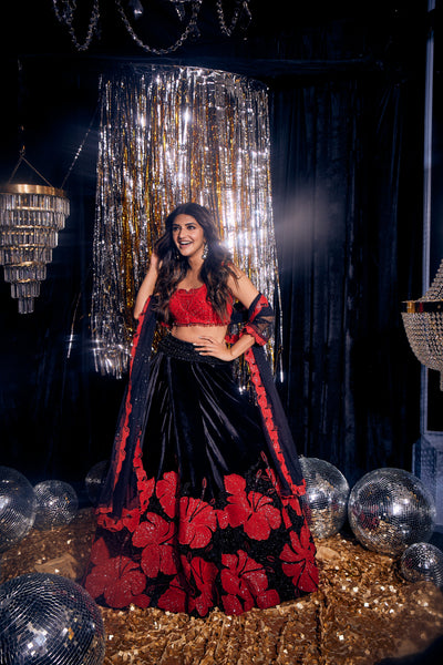 Neeru'S Black And Red Color Floral Work Gharga Set With Dupatta