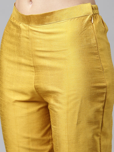 Neerus Women Mustard Yellow Ethnic Motifs Printed Cotton Kurta With Trousers Dupatta