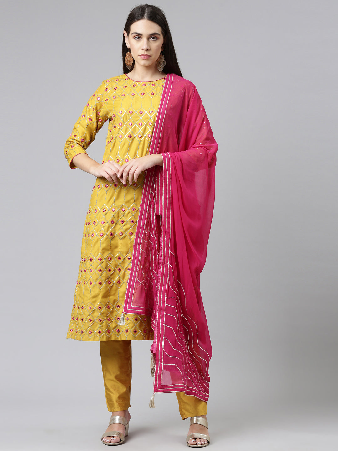 Neerus Women Mustard Yellow Ethnic Motifs Printed Cotton Kurta With Trousers Dupatta