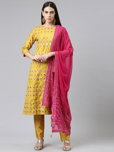 Neerus Women Mustard Yellow Ethnic Motifs Printed Cotton Kurta With Trousers Dupatta