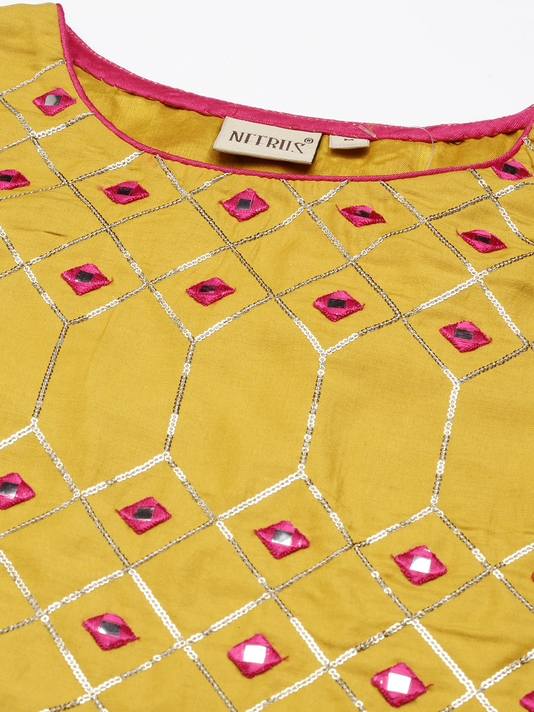 Neerus Women Mustard Yellow Ethnic Motifs Printed Cotton Kurta With Trousers Dupatta