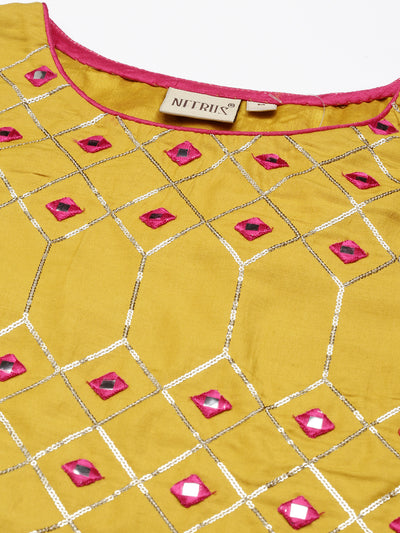 Neerus Women Mustard Yellow Ethnic Motifs Printed Cotton Kurta With Trousers Dupatta