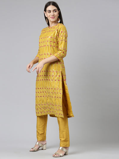 Neerus Women Mustard Yellow Ethnic Motifs Printed Cotton Kurta With Trousers Dupatta
