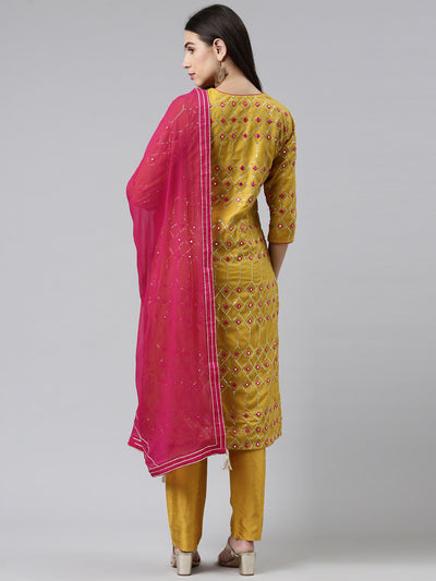 Neerus Women Mustard Yellow Ethnic Motifs Printed Cotton Kurta With Trousers Dupatta