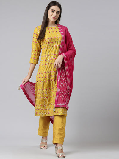 Neerus Women Mustard Yellow Ethnic Motifs Printed Cotton Kurta With Trousers Dupatta