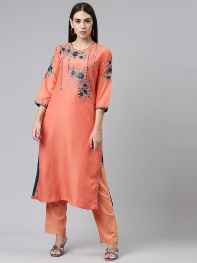 Neerus Women Orange Floral Cotton Kurta with Trousers with Dupatta