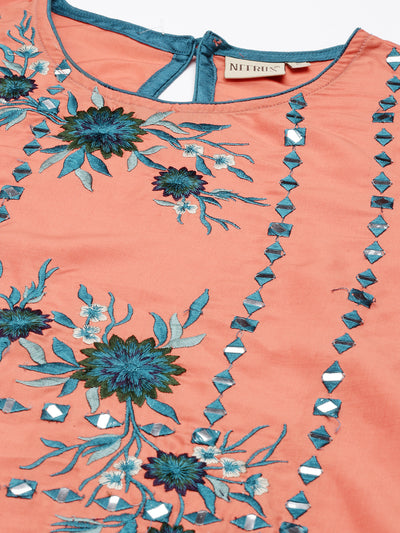 Neerus Women Orange Floral Cotton Kurta with Trousers with Dupatta