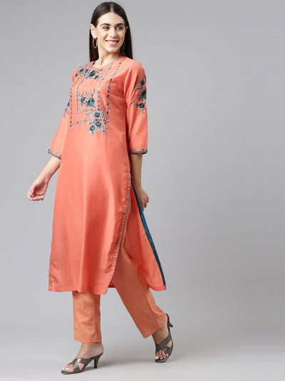 Neerus Women Orange Floral Cotton Kurta with Trousers with Dupatta