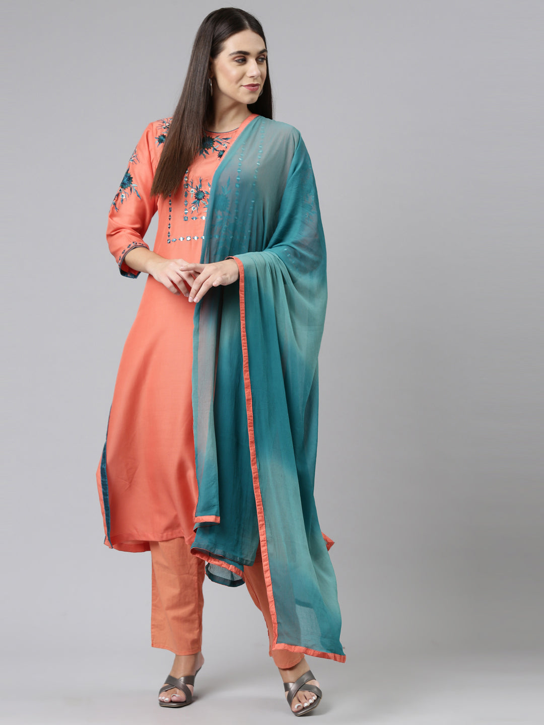 Neerus Orange cotton printed suit set - front view